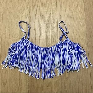 Blue and White Tie Dye Fringe Swim Bikini Top, Adjustable Straps, L